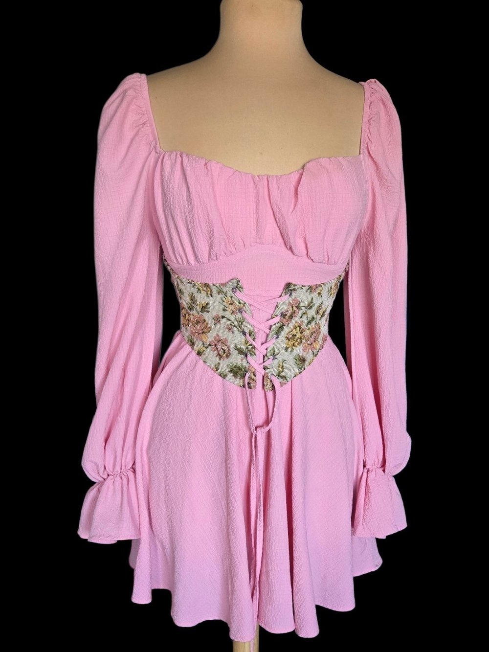 Romantic Pink Long-Sleeve Mini Dress with Floral Corset Sz XS/S